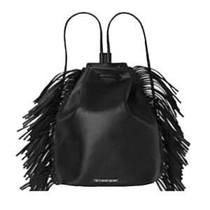 Victoria’s Secret Fringe Backpack Drawstring Closing Straps Black Faux Leather